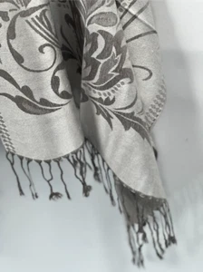 Sophisticated Silver Floral Pashmina Shawl | Elegant Light Grey Wrap | Versatile - Picture 1 of 8