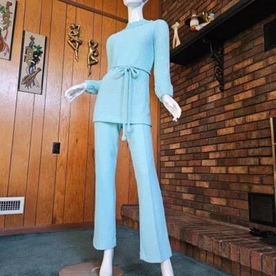 Vtg 60s 70s Mod Youthquake Powder Blue Boucle Knit Tunic Top Dress Pantsuit M - Image 1 of 4