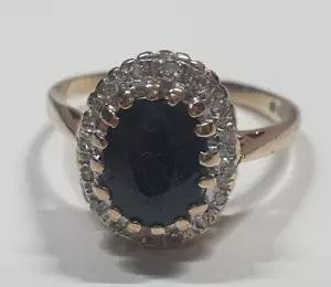 9ct Yellow Gold Sapphire and Diamond Cocktail Vintage Cluster Ring Size P 1/2 - Picture 1 of 16
