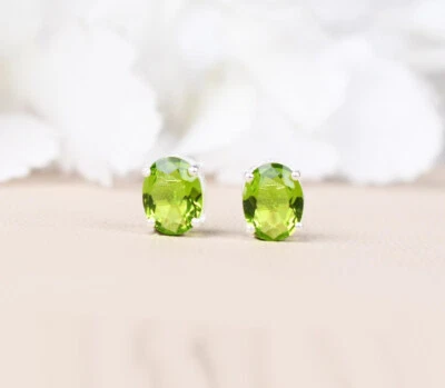 Natural Peridot Oval Cut Stone 925 Sterling Silver Women Simple Stud Earrings - Image 1 of 4