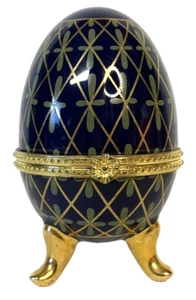 Dunkelblau Keramik Fuß Ei Schmuckschatulle mit Deckel handbemalt grün & gold - Bild 1 von 6