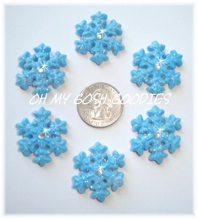 6PC CHRISTMAS BLUE SNOWFLAKE SPARKLE BLING FLATBACK RESINS 4 HAIRBOW BOW CENTER Foto 1 de 1