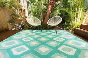 200 x 270cm Positano Aqua and White Outdoor Plastic Rug/Mat - Picture 1 of 6