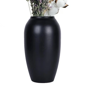 10.6" Tall Black Wooden Rustic Vases for Home Decor, Wide Mouth Wood Floor Va... - Picture 1 of 7