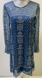 SUNDANCE Women Dress Blue Lace Floral Embroidered Long Sleeve Ruffle Bottom - Picture 1 of 8