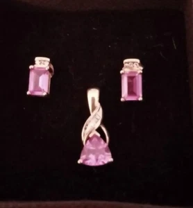 Stunning Genuine 9ct Gold Pink Sapphire Diamond Matching Earrings & Pendant - Picture 1 of 6