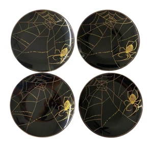 Set of 4 Park Chateau Halloween Black & Gold Spider Web Ceramic Appetizer Plates - Picture 1 of 4