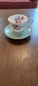 RARE Pale Blue / Green Vintage Aynsley  English Tea Cup Saucer #2958 Floral  - Picture 1 of 9