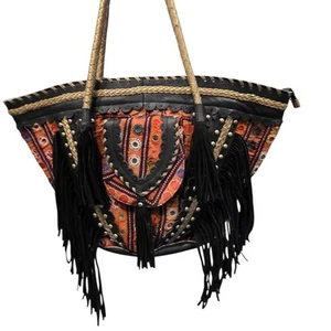 Western Leder Bohemian Fransen Beuteltasche Schultertasche Handtasche Nieten 13" T x 20" W - Bild 1 von 20