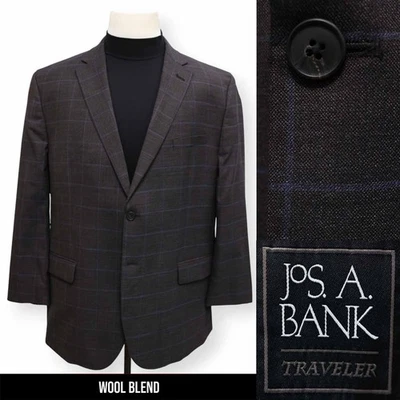 JOS A BANK mens brown blue WINDOWPANE wool sport coat suit jacket blazer 48 R - Image 1 of 4