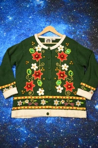 Storybook Knits Sweater Womens Medium Green Cardigan Poinsettia Beaded Holiday - Picture 1 of 9