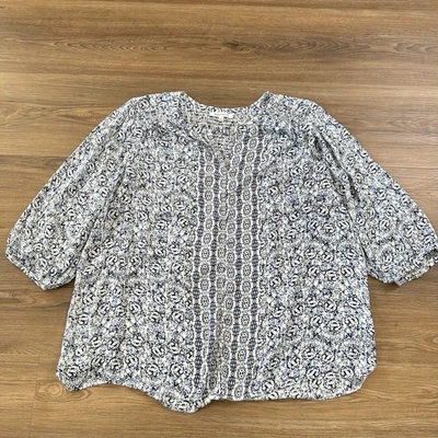 Blusa Top de Gasa con Botones Azul Rosa y Oliva 2X Manga 3/4 Smocking Floral Oficina Foto 1 de 4