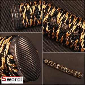 Japanese Katana Handle Tsuka Black Brown Silk Cord Black Rayskin Alloy Fittings - Picture 1 of 5