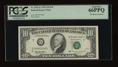 DBR 1995 $10 FRN Chicago Gem Fr. 2032-G PCGS 66 PPQ Serial G54061058C - Image 1 of 2