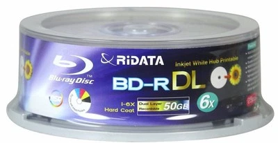 25 Pack Ridata Blu-ray BD-R DL Dual Layer 6X 50GB White Inkjet Printable Disc - Image 1 of 4