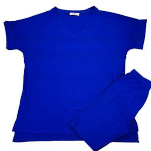 Zenana Biker Set Corto Oversize Spazzolato Scollo a V Top Manica Corta Orlo Basso Blu - Foto 1 di 14