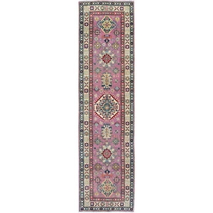 2'7"x10'1" Pink Kazak with Tribal Design Hand Knotted Soft Wool Runner Rug R455 - Picture 1 of 7