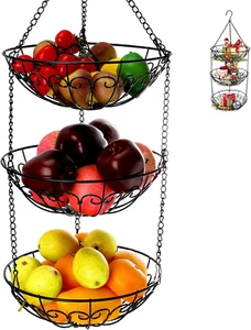 3-Tier Hanging Fruit Basket, Heavy Duty Wire Baskets for Kitchen Rustic Hanging - Picture 1 of 12