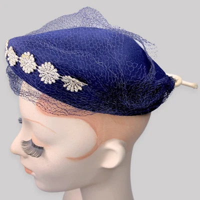 Vintage Blue Virgin Wool Felt Embroidered Beret Tam Cap Hat WWII - Image 1 of 4