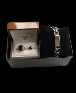 Yellow Gold Finish Men’s Chunky Name Bracelet And Onyx Earring And Ring Gift Set - Picture 1 of 7