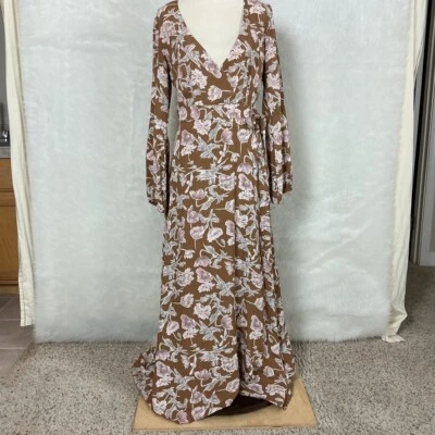 Flynn Skye Brown Tan Pink Long Sleeve Floral Monterey Maxi Dress L - Image 1 of 4