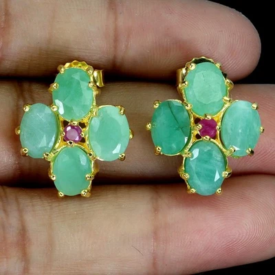 925 Sterling Silver Earrings Oval Emerald 7x5mm Ruby Natural Gemstone Jewelry - Image 1 of 4