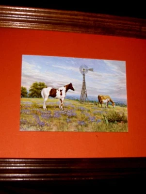 Original Renne Hughes Impresión Bluebonnet Paisaje Caballo Molino de Viento Árboles Cielo Nubes Foto 1 de 4