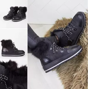 Ladies Womens Grip Sole Ski Moon Style Lace Up Faux Fur Collar Ankle Boots Shoes - Picture 1 of 13