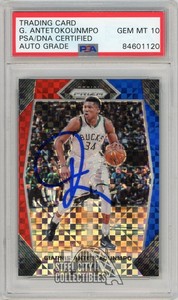 Giannis Antetokounmpo 2017-18 Panini Prizm Red White Blue Auto Card PSA/DNA 10