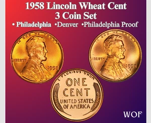 1958 P & D  LINCOLN WHEAT CENT 3 COIN SET NEW MINT BU PLUS PROOF - Picture 1 of 5