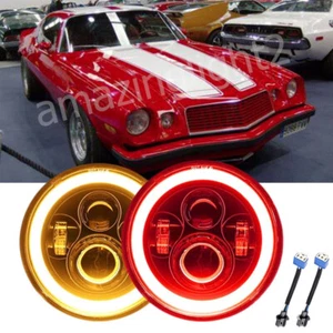 Pair DOT 7" Round LED Headlights Red Halo Hi-Lo Beam Fit Chevy Camaro 1975-1980 - Picture 1 of 15