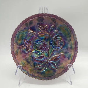 Imperial Open Rose/Lustre Rose Plate ~ Carnival Glass Electric Blue 9" ~ Chipped - Picture 1 of 11