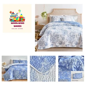 Soft Microfiber King Quilt Set - 3 Piece Reversible Blue & White Floral Design - Picture 1 of 8