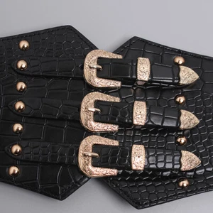 Women Waist Cincher Faux Leather Stretch Waistband Corset Wide Belt Punk Studded - Picture 1 of 13