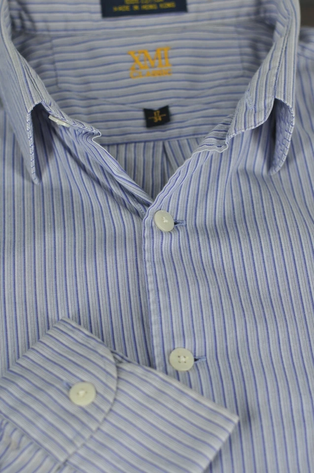 Camisa de vestir XMI clásica de algodón a rayas azul marino y blanco para hombre 17 x 34 Foto 1 de 4