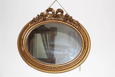 Miroir Encadré Ovale Noeud Ancien Bois Doré Style Louis XVI Art  - Photo 1/4