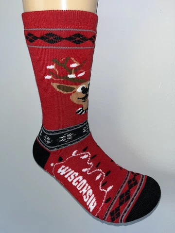 WISCONSIN BADGERS NCAA COLLEGE MENS REINDEER LOGO CREW LENGTH SOCKS LARGE Q Cover