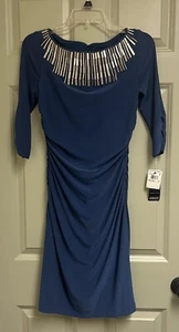 ADRIANNA PAPELL Perlen Etuikleid Damen 4 dunkelblau gerafft 3/4 Arm Cocktail - Bild 1 von 16