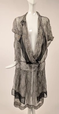 VESTIDO FLAPPER AÑOS 20 ÓPTICO NEGRO + BLANCO ESTAMPADO SEDA TRANSPARENTE GASA Foto 1 de 4