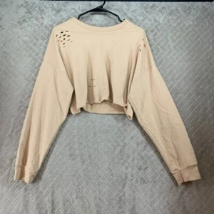 Forever 21 Womens Large Sweatshirt Beige Cropped Distressed Crew Neck - Picture 1 of 14