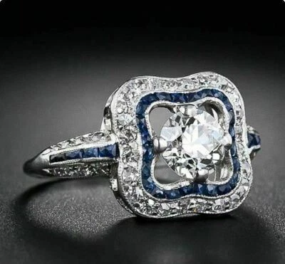 Anillo de compromiso Art Deco 935 Argentium plata 2,85 quilates blanco corte redondo zafiro Foto 1 de 4