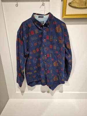 RARE VINTAGE POLO RALPH LAUREN CHAPS ALL OVER PRINT BUTTON DOWN SHIRT NAVY XL - Image 1 of 4