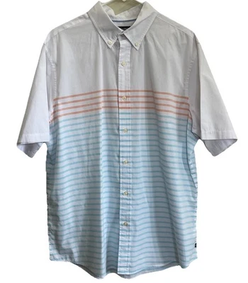 Chaps Men's  Shirt XL White Peach Blue Striped Button Up Short Sleeve Beach - Image 1 of 4