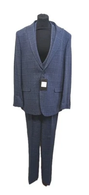 New Dobell Blue Windowpane Tweed Wool Blend Three Piece Suit, UK 44R, Waist 36". - Image 1 of 4