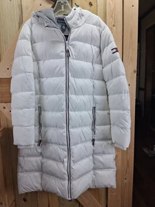Tommy Hiliger Puffer Jacket donna grande media lunghezza bianco con cappuccio - Foto 1 di 8