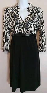 Vestido Lucy and Laurel Negro Marfil Volantes Cuello en V Manga 3/4 Elastizado Cinturón Talla 8 - Imagen 1 de 8