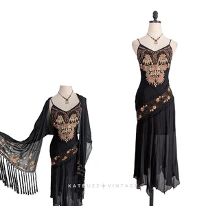 Sue Wong Midi Maxi Dress Prom Gown 2 Black Silk Vintage Y2K Fairy Bead Floral - Picture 1 of 18