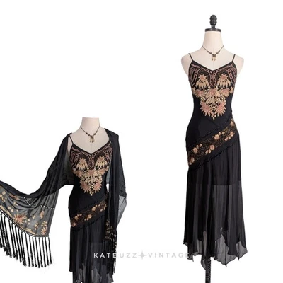 Sue Wong Midi Maxi Dress Prom Gown 2 Black Silk Vintage Y2K Fairy Bead Floral - Image 1 of 4