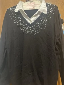 Quacker Factory Black V-Neck Sweater with White Diamond Studs and Collar Detail - Picture 1 of 3