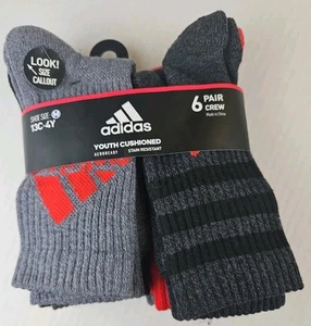 6 Adidas Youth Size M 13C-4Y Cushioned Aeroready Crew Socks Black,Gray,Red 775 - Picture 1 of 6